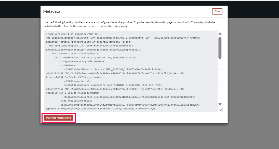 Downloading IdP metadata from RSA Cloud for ADSelfService Plus