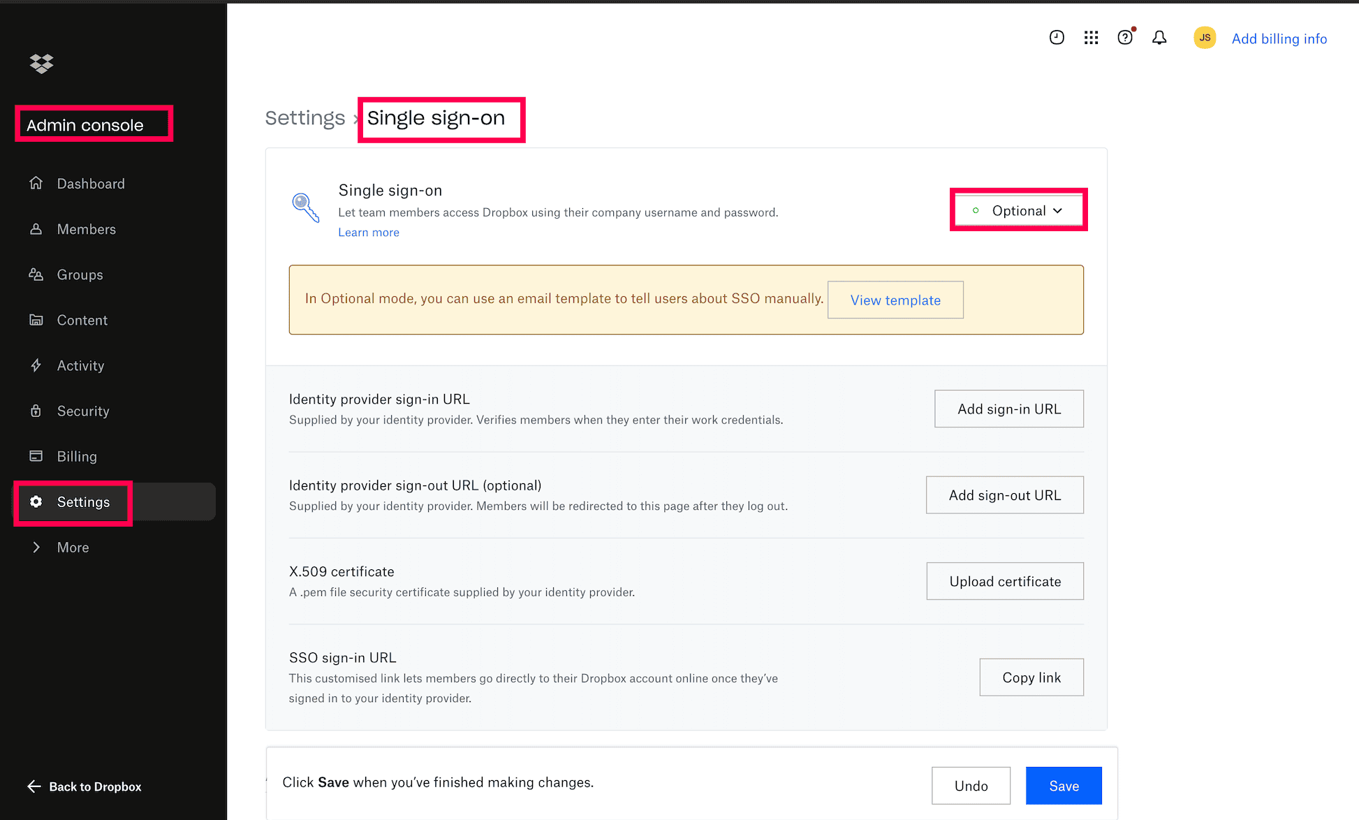 Dropbox admin center to configure SAML SSO via ADSelfService Plus