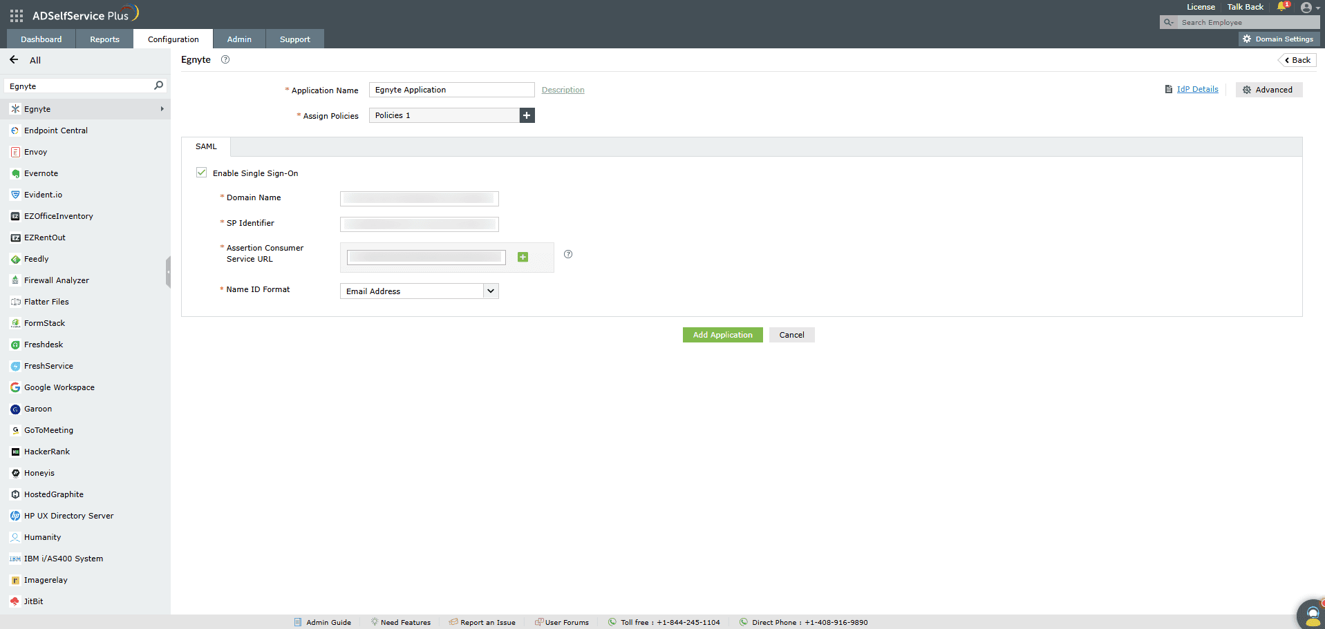Overview of ADSelfService Plus' SSO settings while configuring SAML SSO for Egnyte