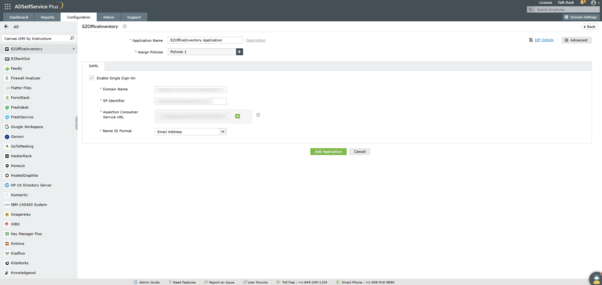 Overview of ADSelfService Plus' SSO settings while configuring SAML SSO for EZOfficeInventory