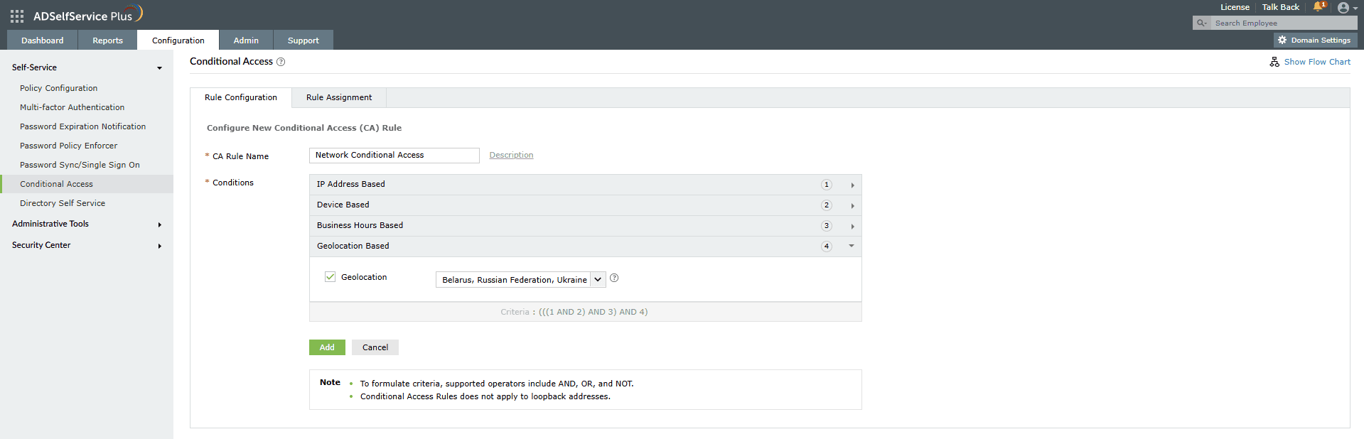 Geolocation-based conditional access in ADSelfService Plus
