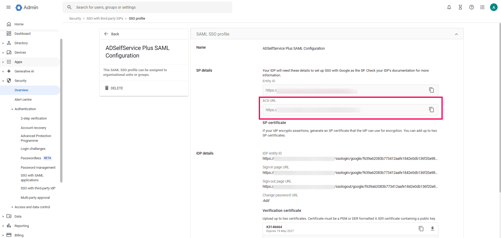 Overview of Google's ACS URL settings while configuring SAML SSO via ADSelfService Plus