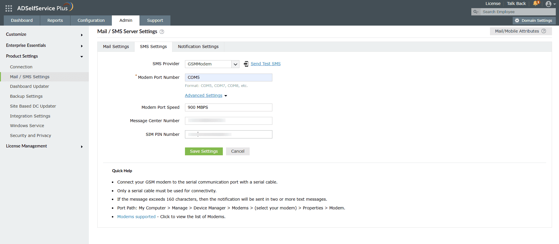 gsmmodem GSM modem SMS server settings in ADSelfService Plus