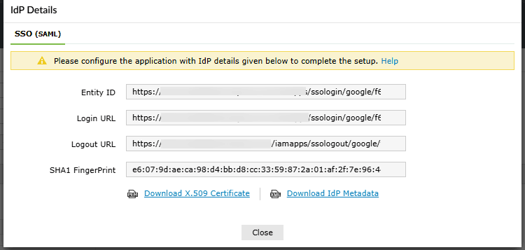 IdP details in ADSelfService Plus for Google Workspace SSO