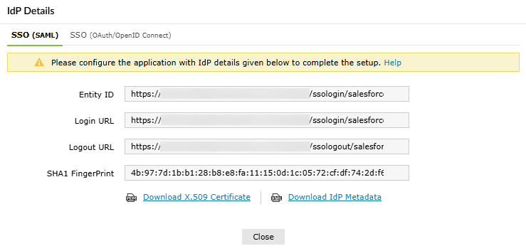 IdP details in ADSelfService Plus for Salesforce SSO