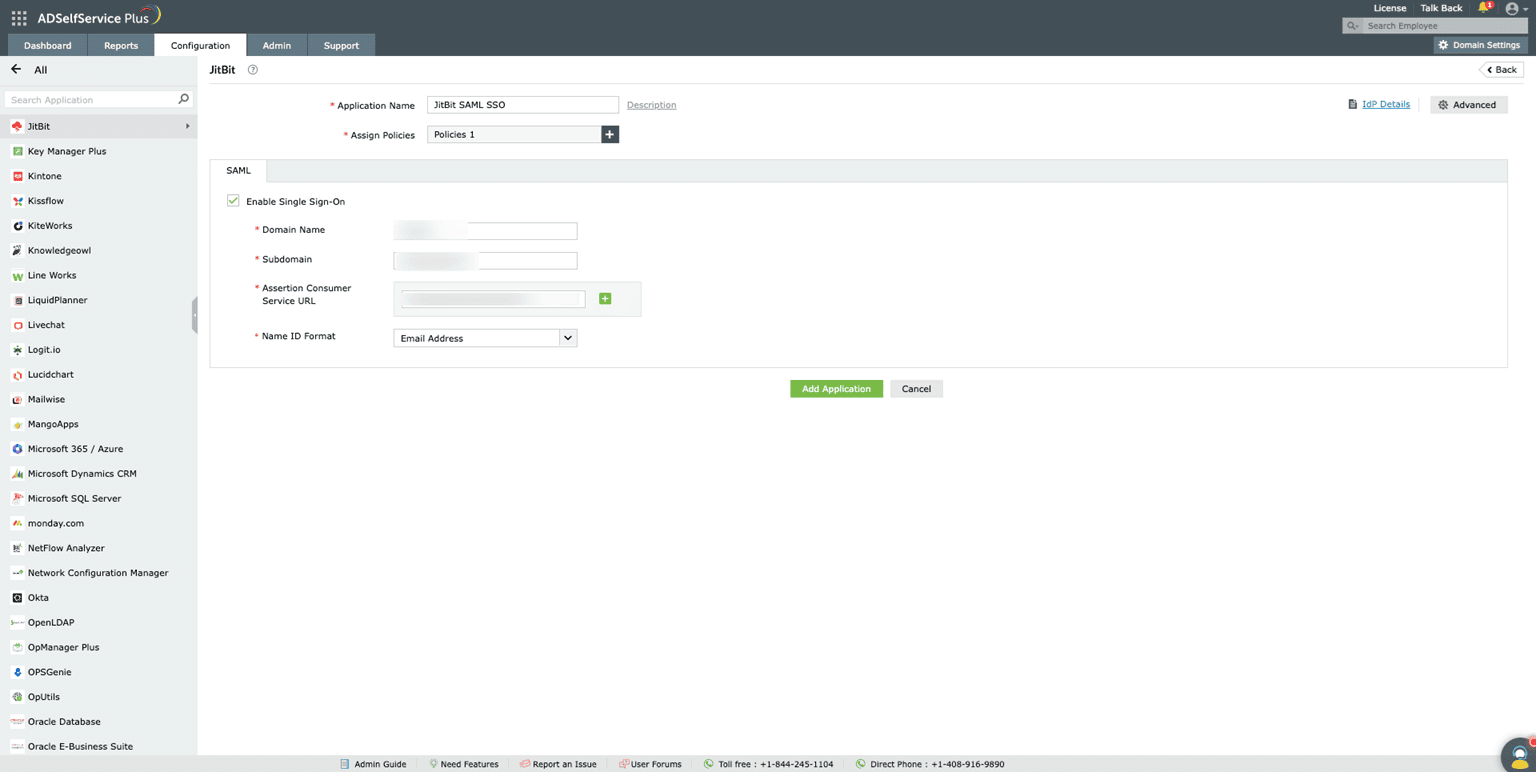 Overview of ADSelfService Plus' SSO settings while configuring SAML SSO for JitBit