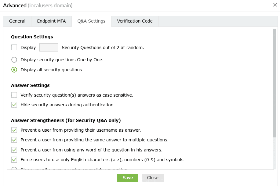 Overview of the advanced question and answer settings in ADSelfService Plus