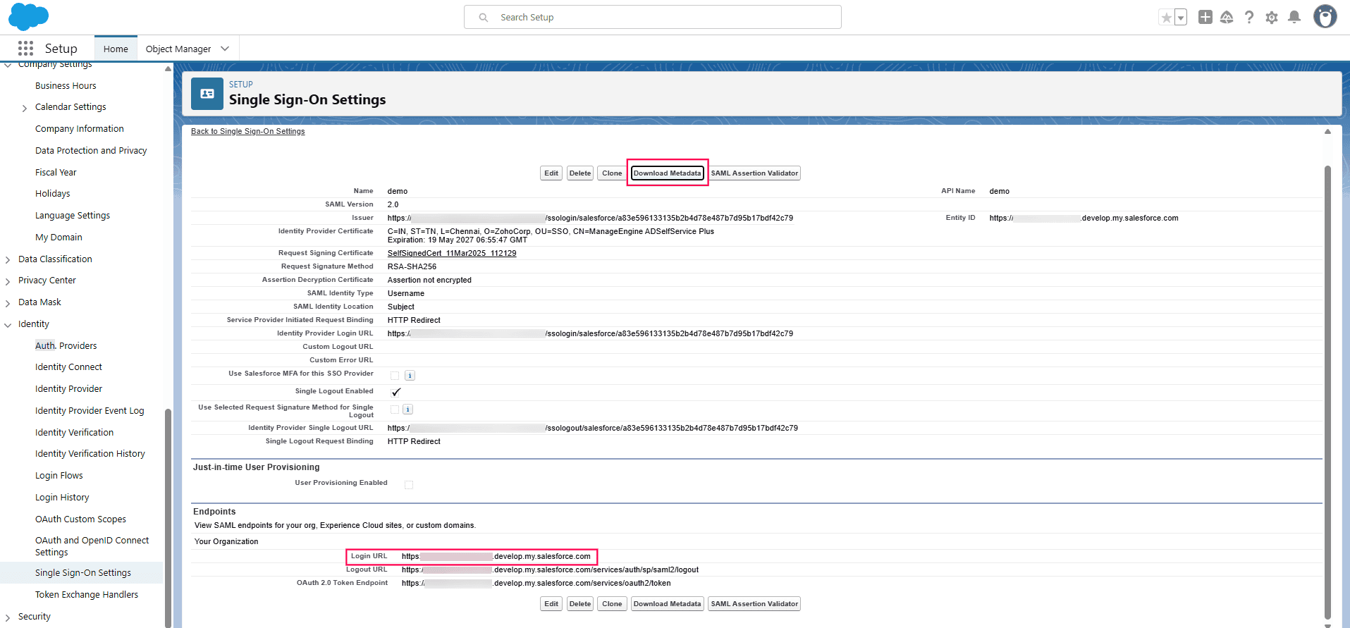 Salesforce SP SAML SSO settings for ADSelfService Plus