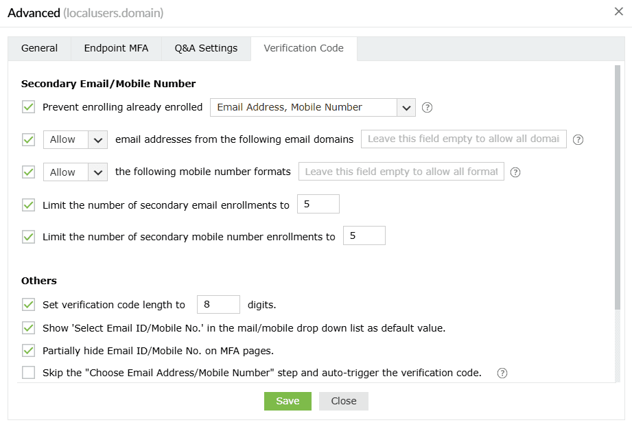 Overview of the advanced verification code settings in ADSelfService Plus