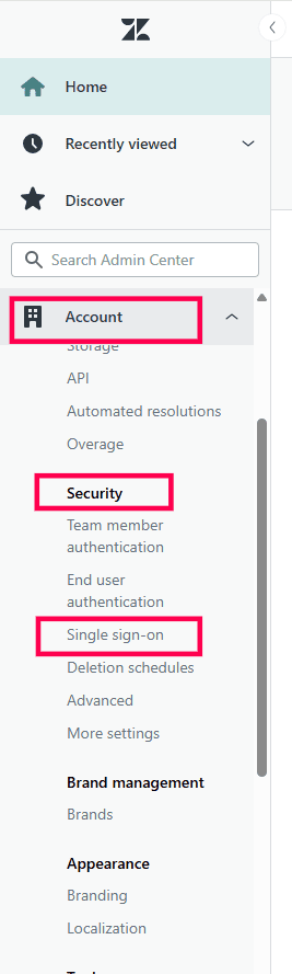Zendesk admin center to configure SAML SSO via ADSelfService Plus