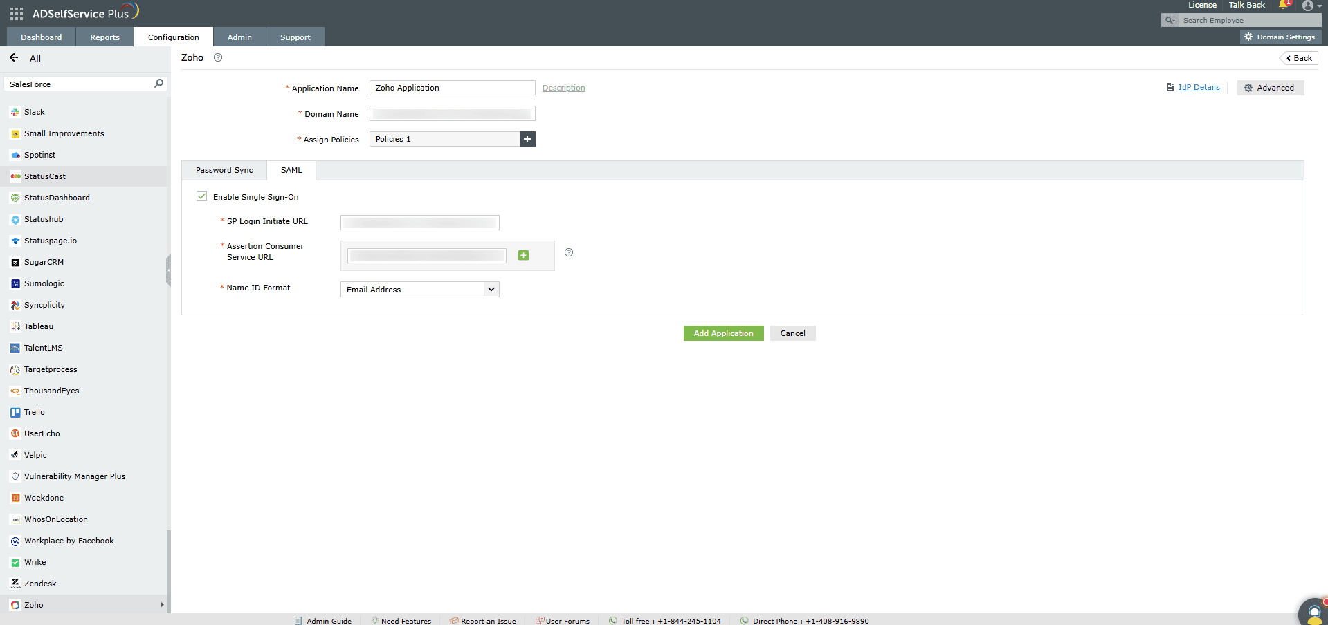 Overview of ADSelfService Plus' SSO settings while configuring SAML SSO for Zoho