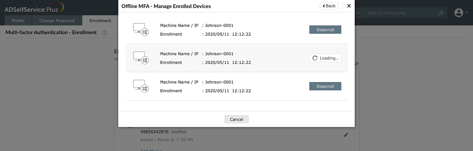Disenrolling devices for offline MFA in ADSelfService Plus