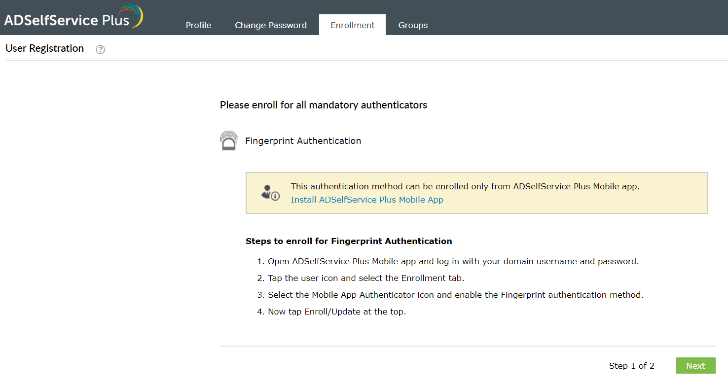 Enrolling in ADSelfService Plus' Biometric authenticator