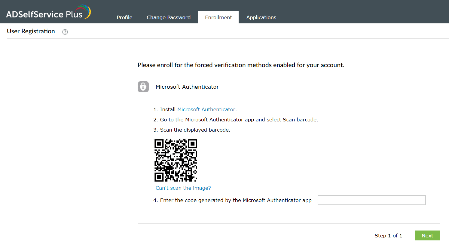 Enrolling in ADSelfService Plus' Microsoft authenticator