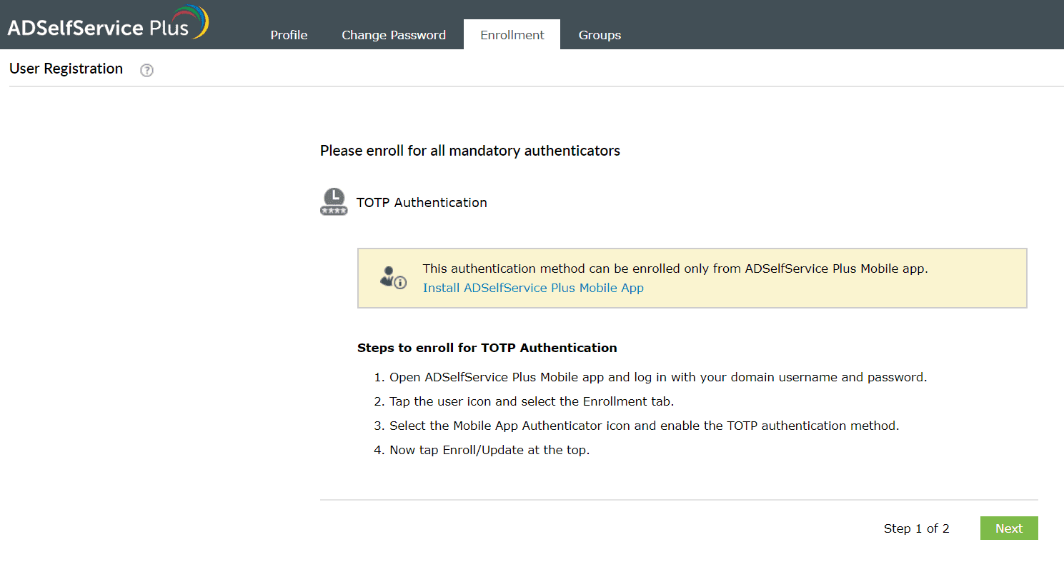 Enrolling in ADSelfService Plus' TOTP authenticator