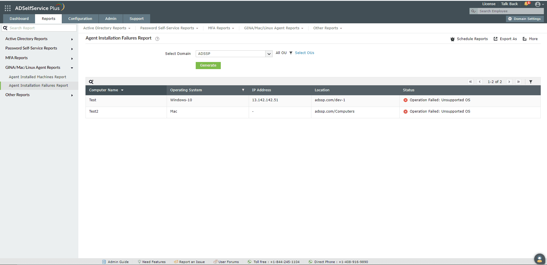 Fig. 26: Agent Installation Failures Report in ADSelfService Plus.