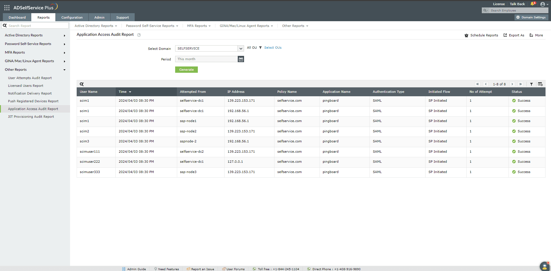 Fig. 31: Application Access Audit Report in ADSelfService Plus.