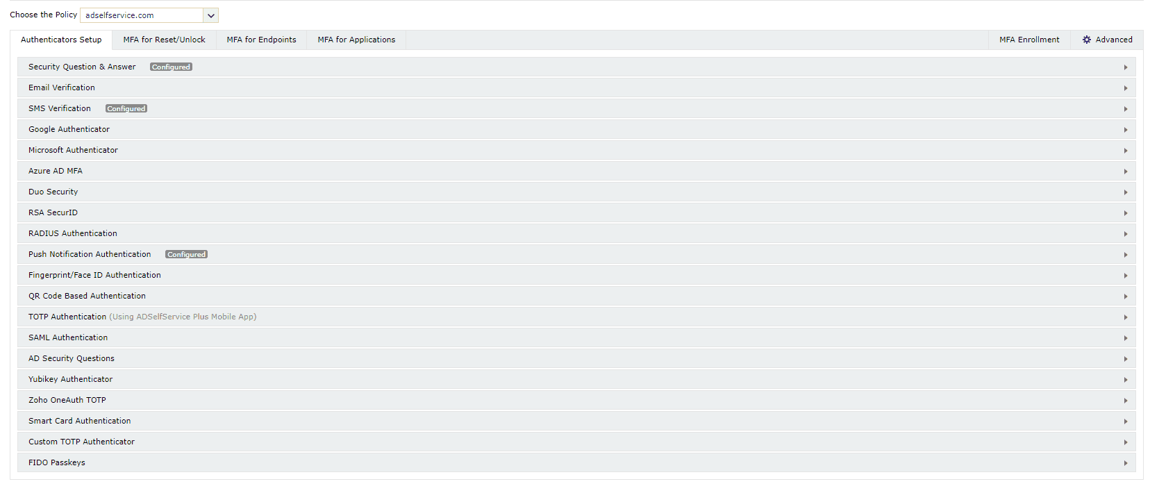 MFA authenticators in ADSelfService Plus.