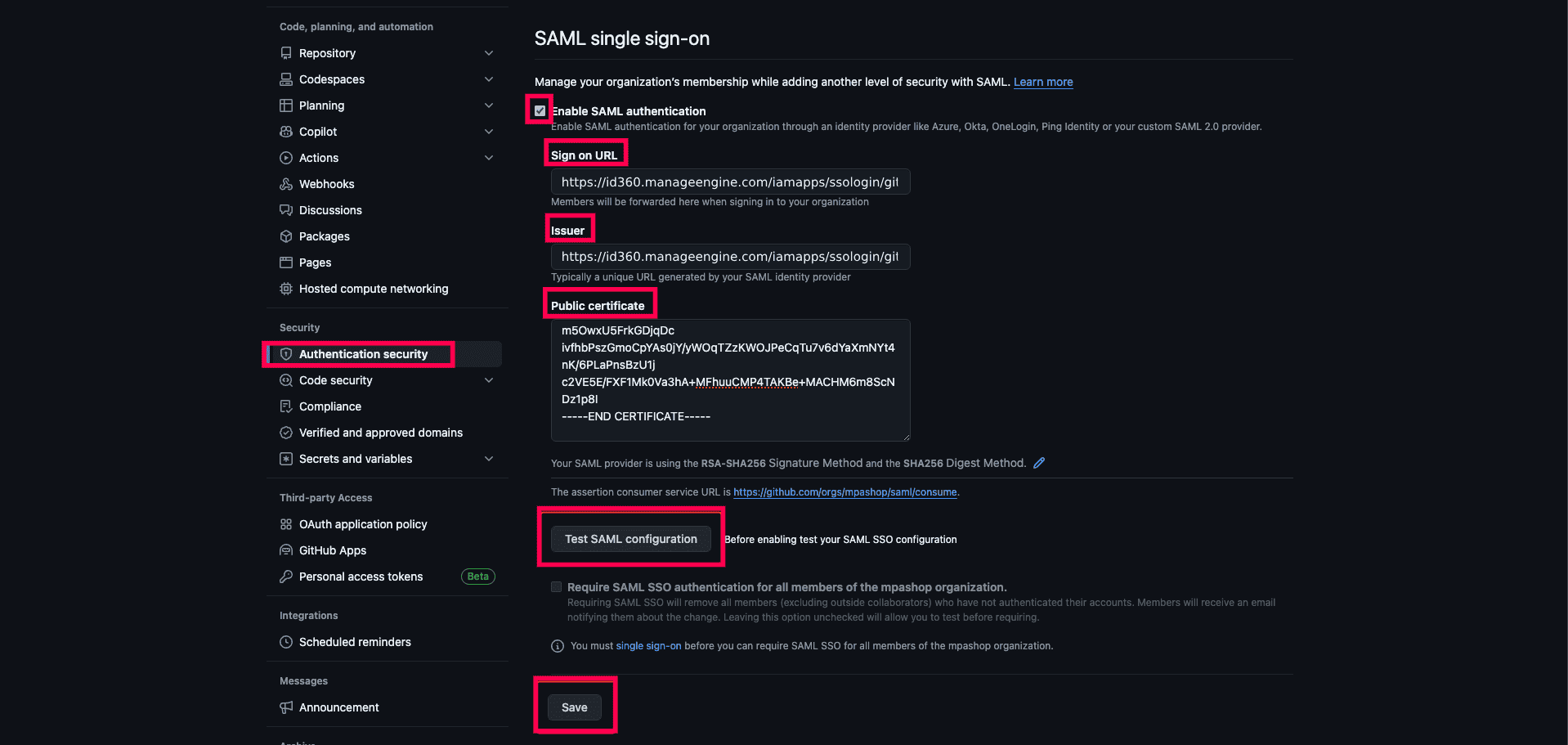 GitHub SAML SSO configuration