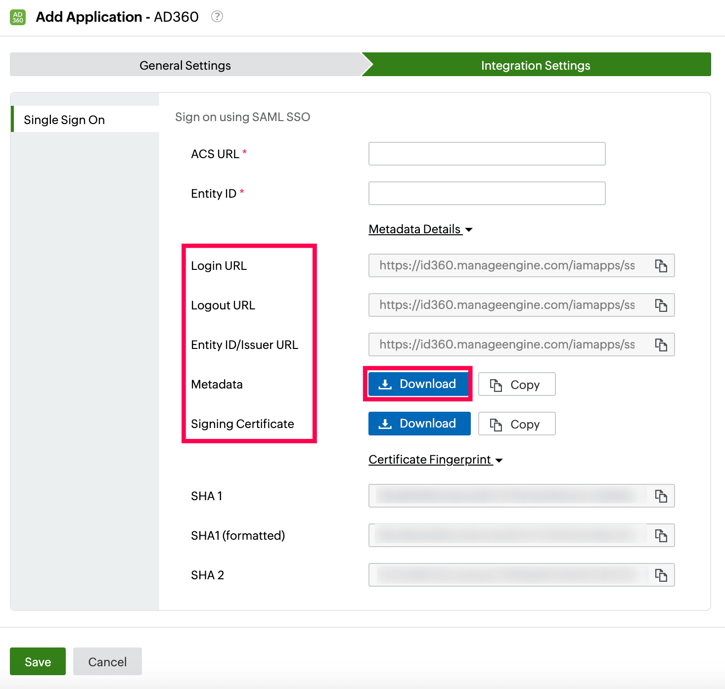 Identity360 application configuration integration settings