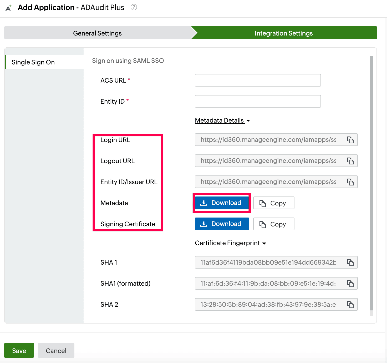 Identity360 application configuration integration settings