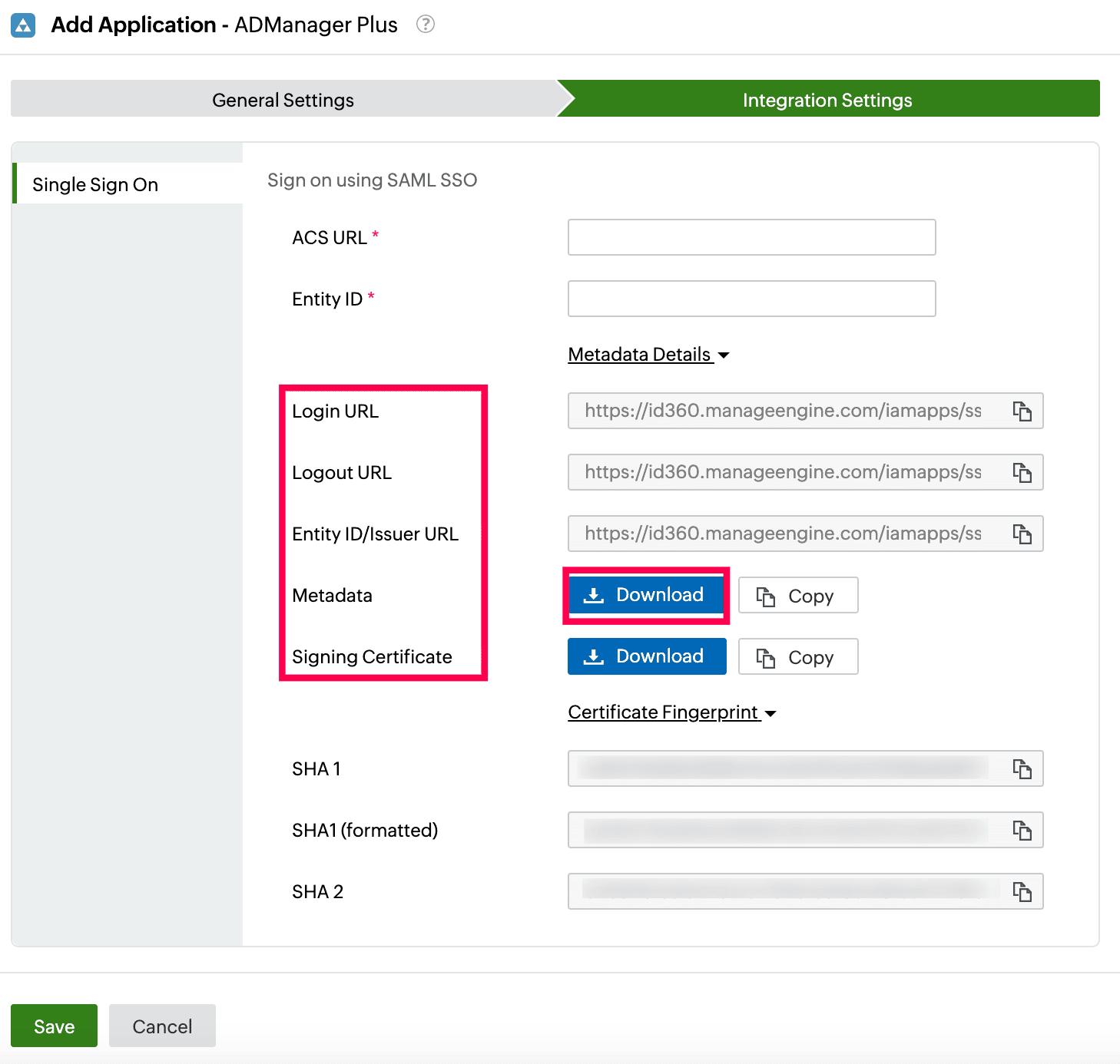 Identity360 application configuration integration settings