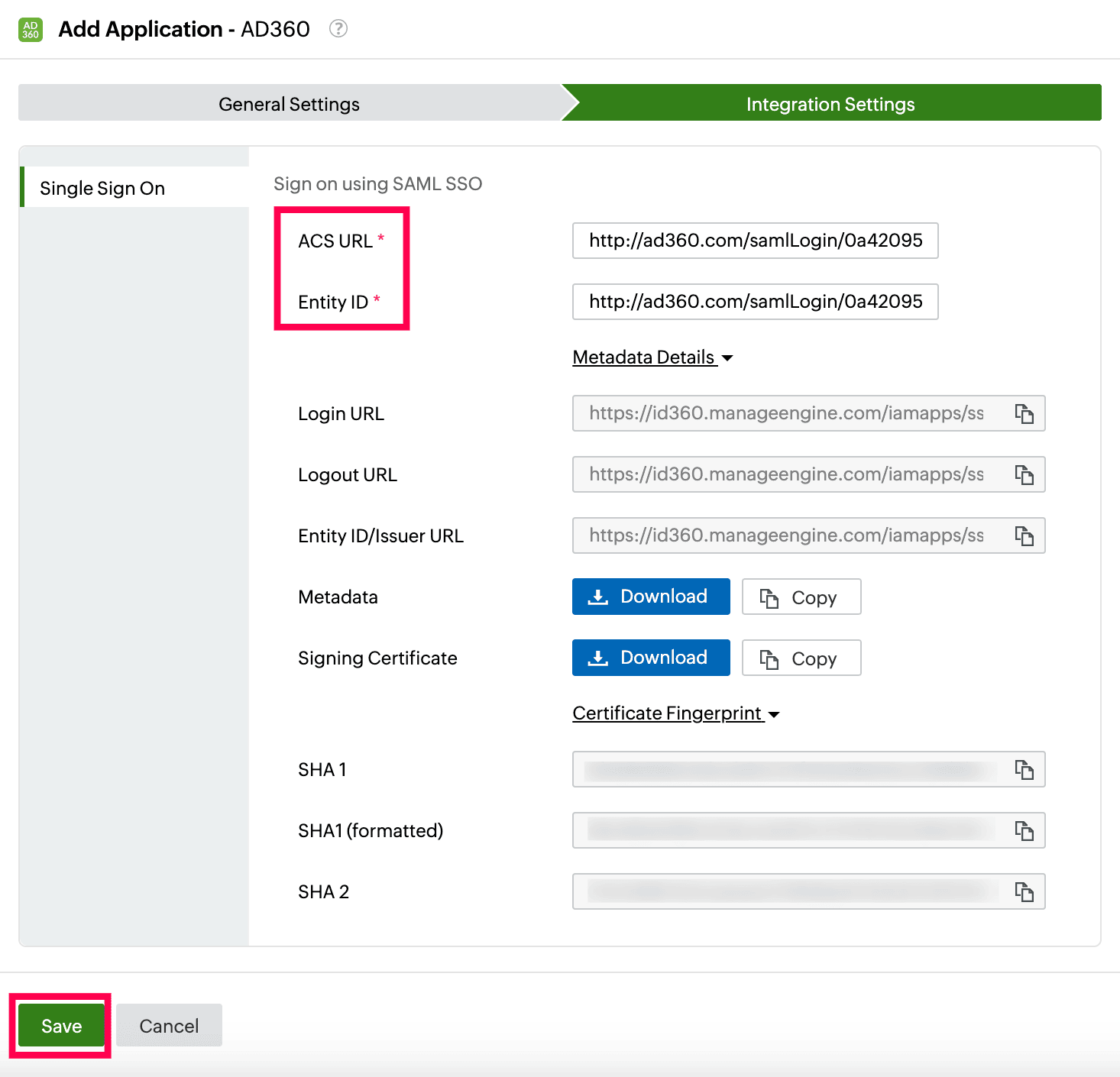 Identity360 application configuration integration settings