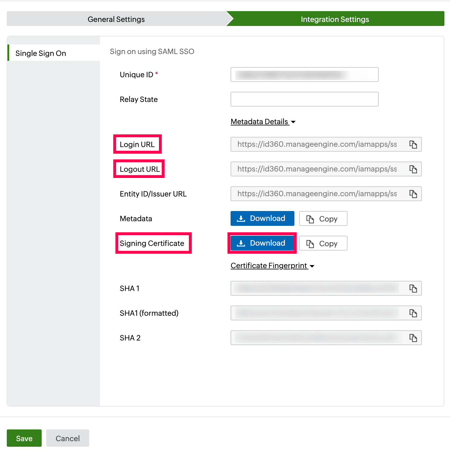  Identity360 application configuration Integration Settings