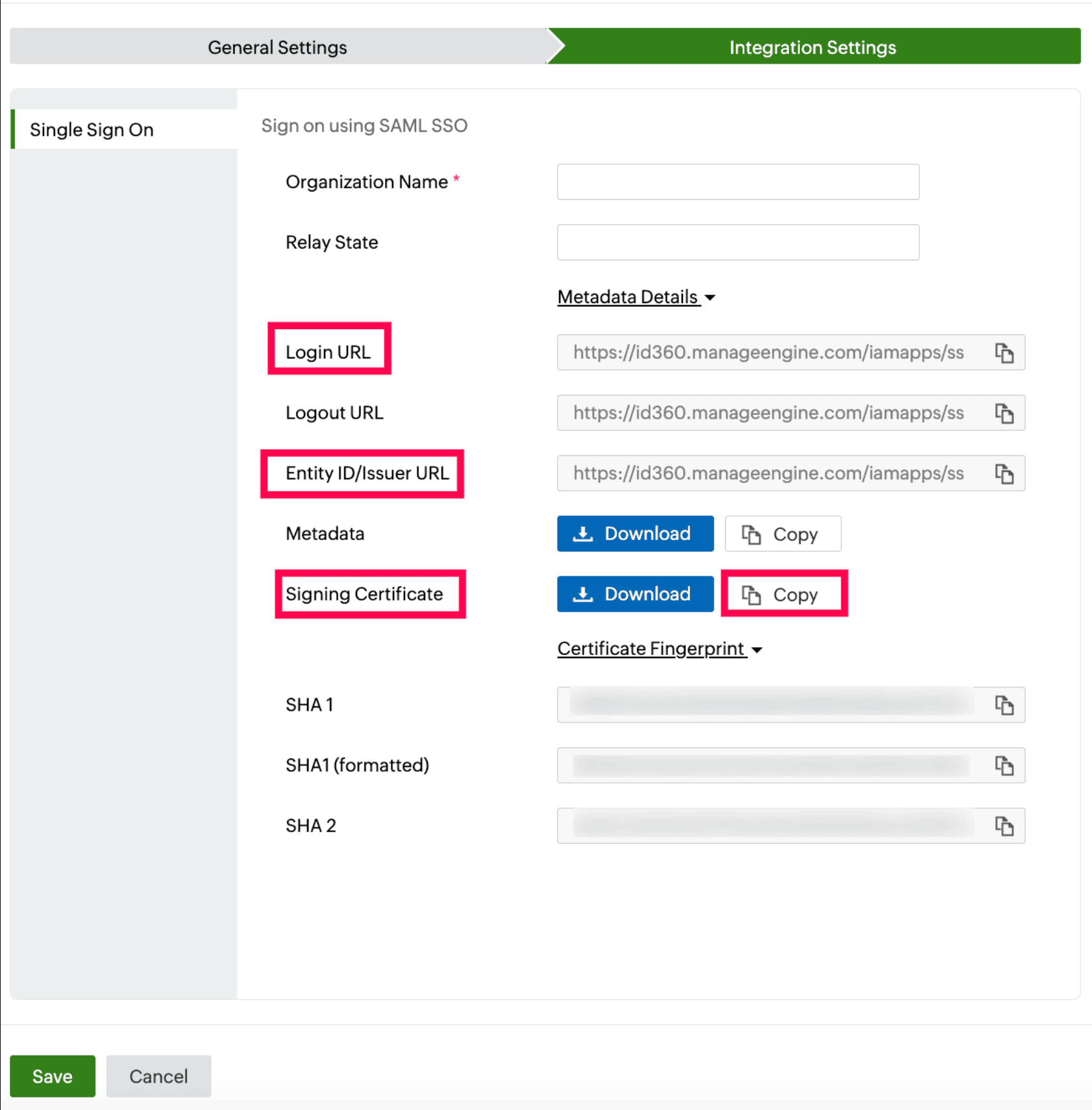  Identity360 application configuration Integration Settings