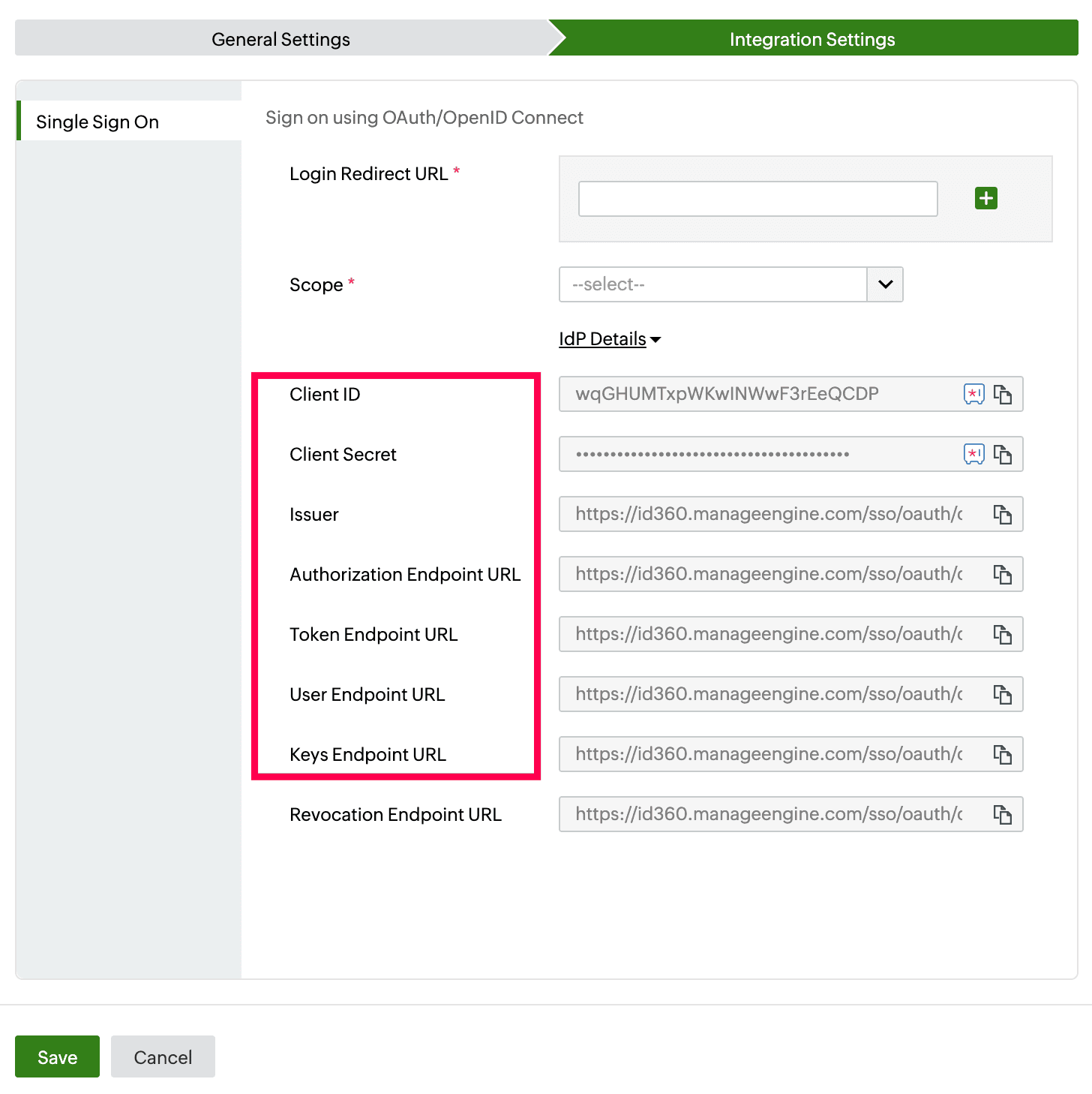  Identity360 application configuration Integration Settings