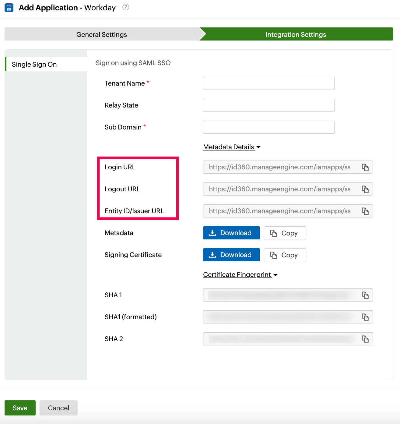 Identity360 application configuration Integration Settings