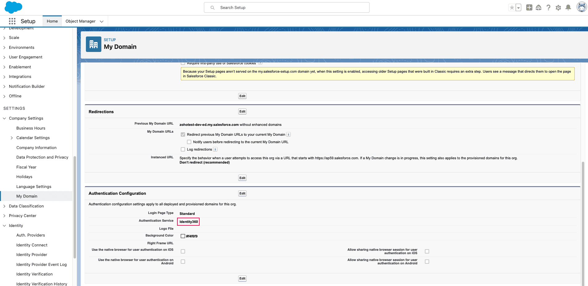 Salesforce authentication configuration