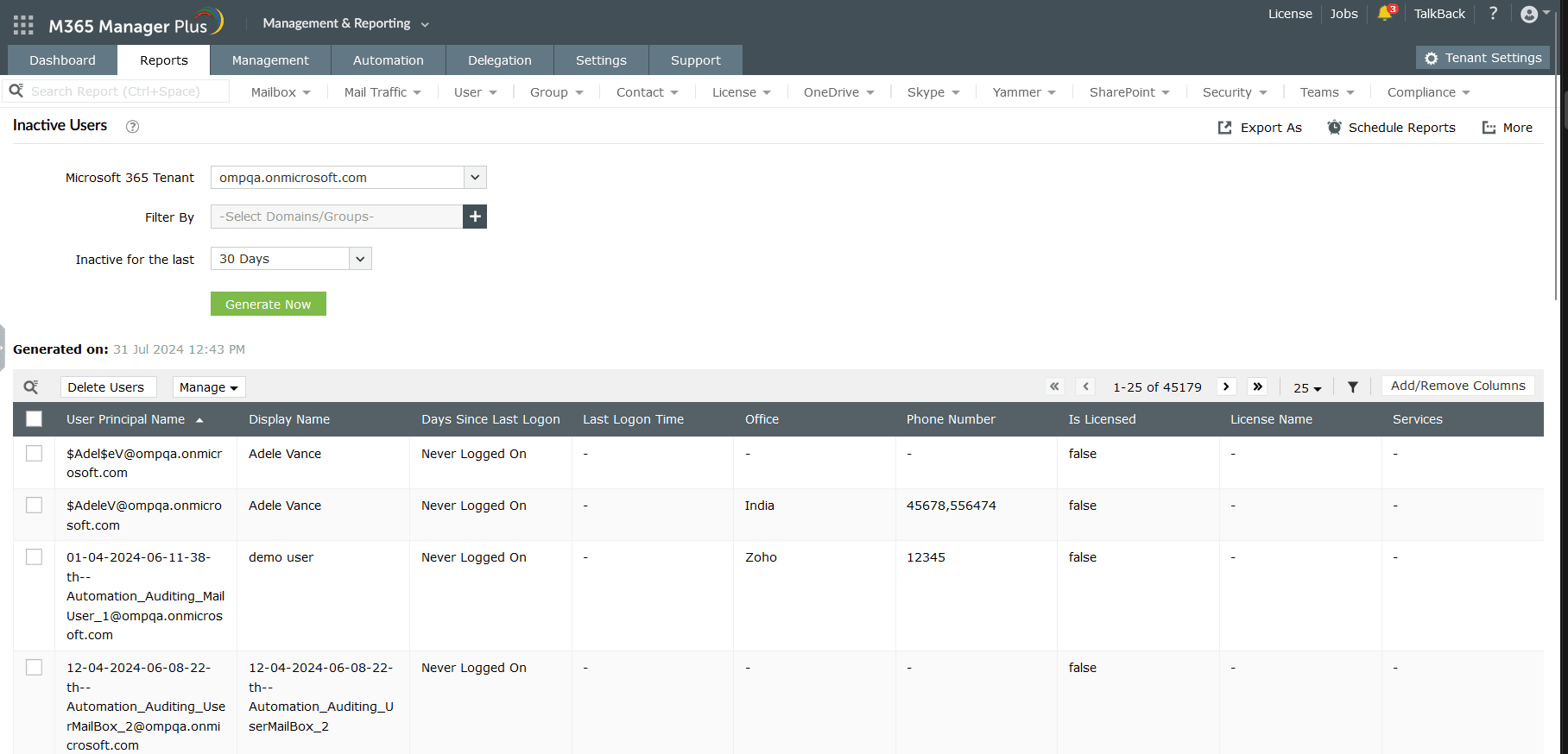 A report generated on inactive users using M365 Manager Plus