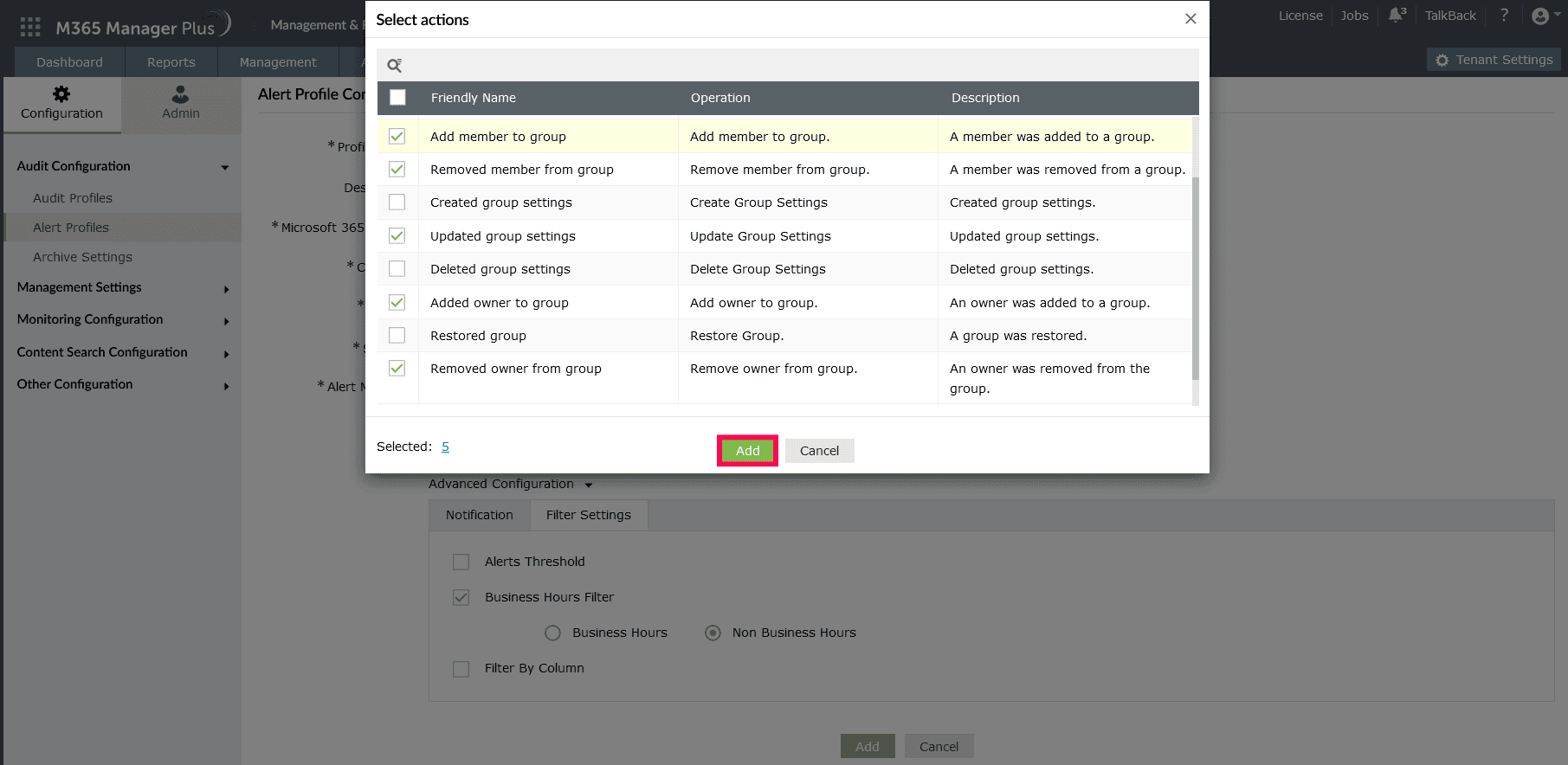 Some of the security events that can be audited under the Actions field