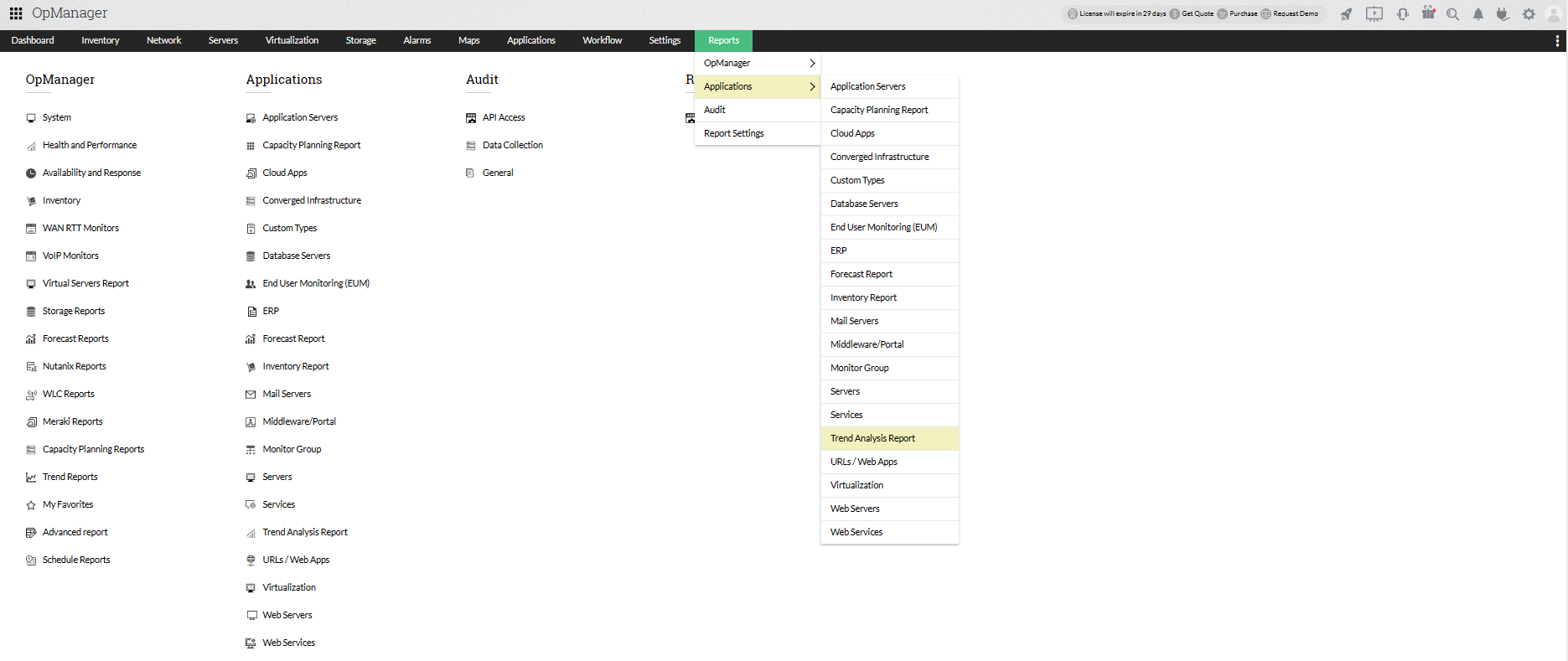 Access Applications Manager reports directly from OpManager console