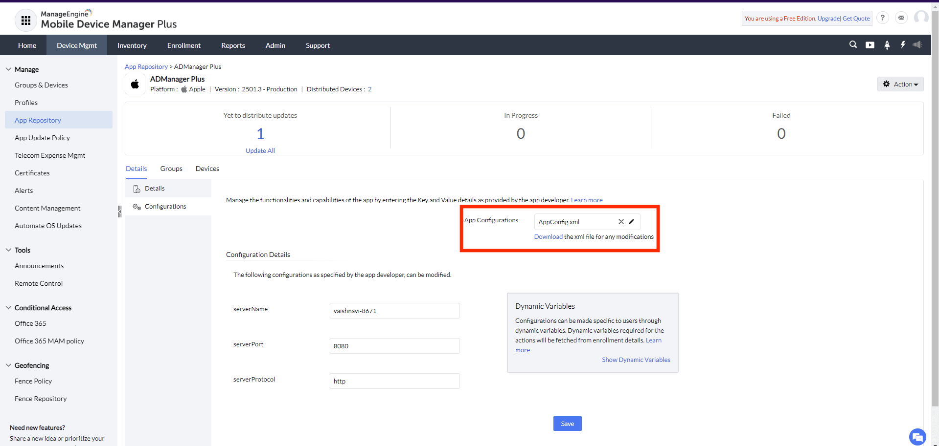 Navigate to Details > Configuration and upload the ADMP_App_Config.xml file in the App Configurations field.