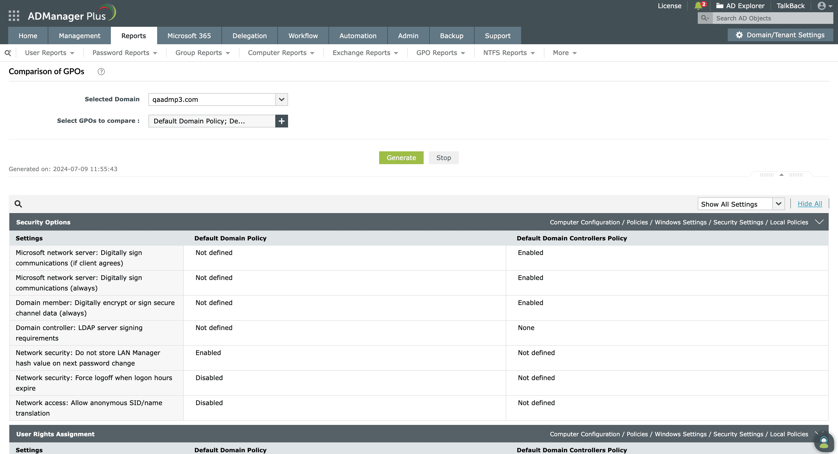 Comparison of GPOs report