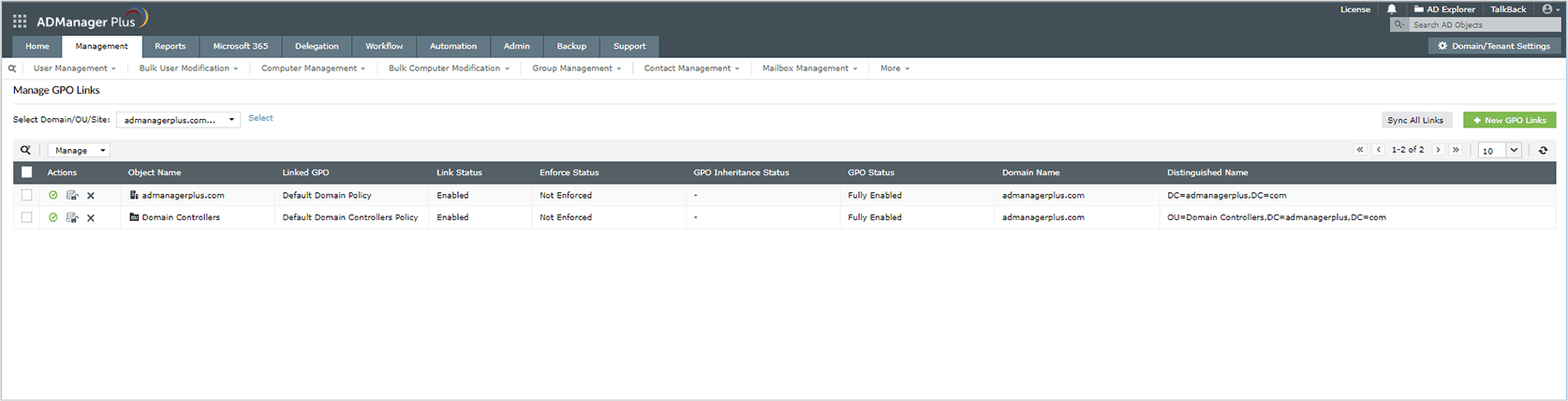 The Manage GPO Links task in ADManager Plus