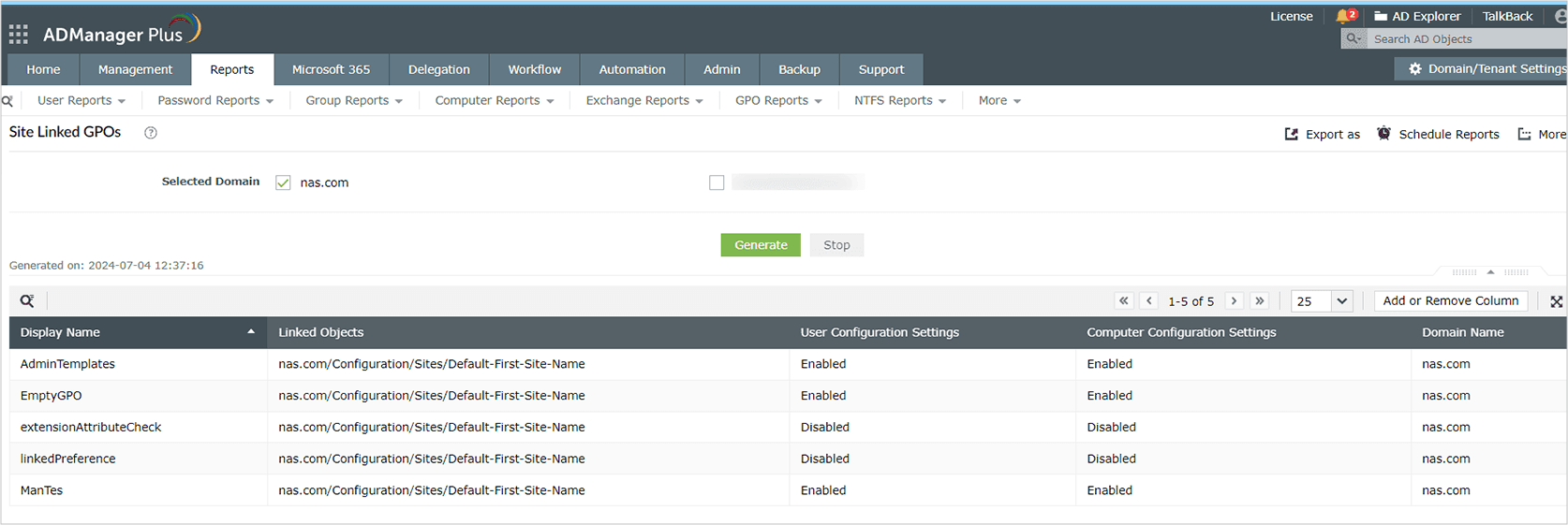 Screenshot of Site Linked GPOs report under GPO Reports in ADManager Plus.