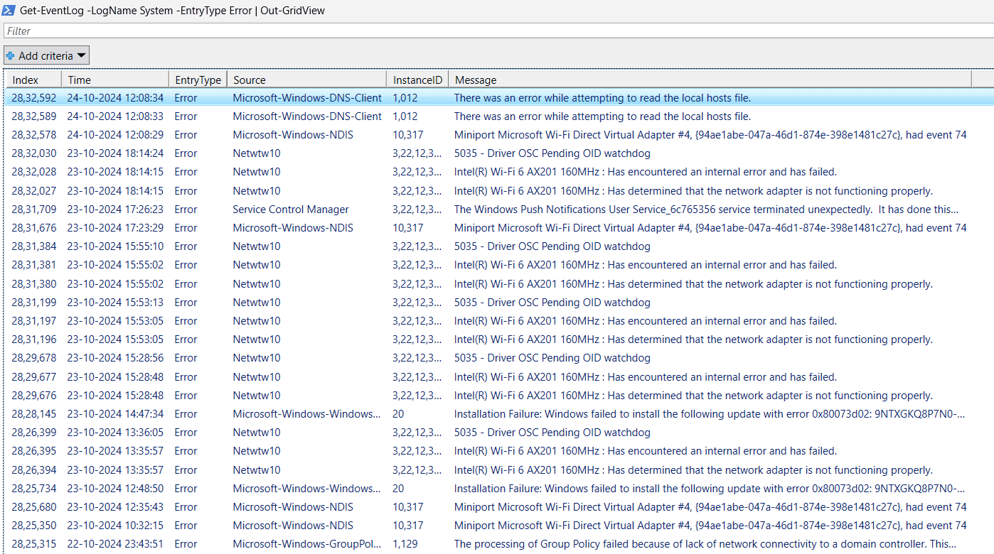 Viewing and accessing Windows crash logs in Windows 11 using PowerShell