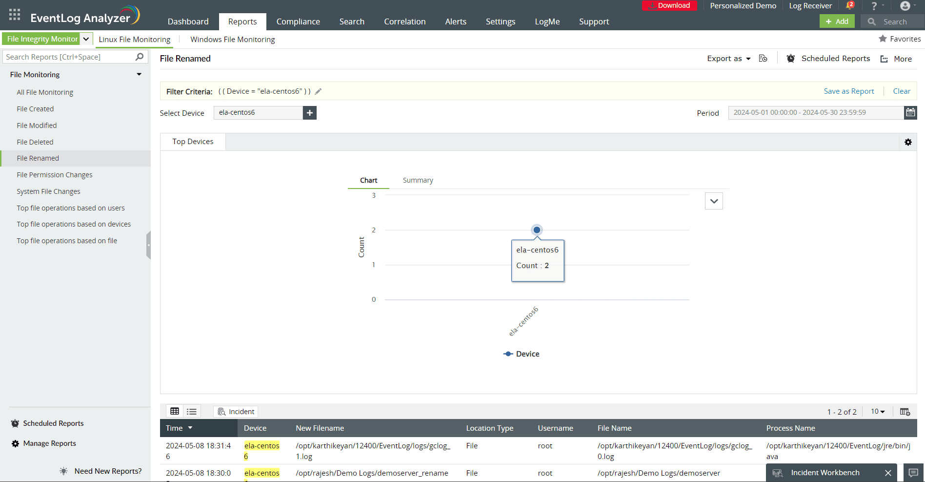 File renaming in the file integrity monitoring feature