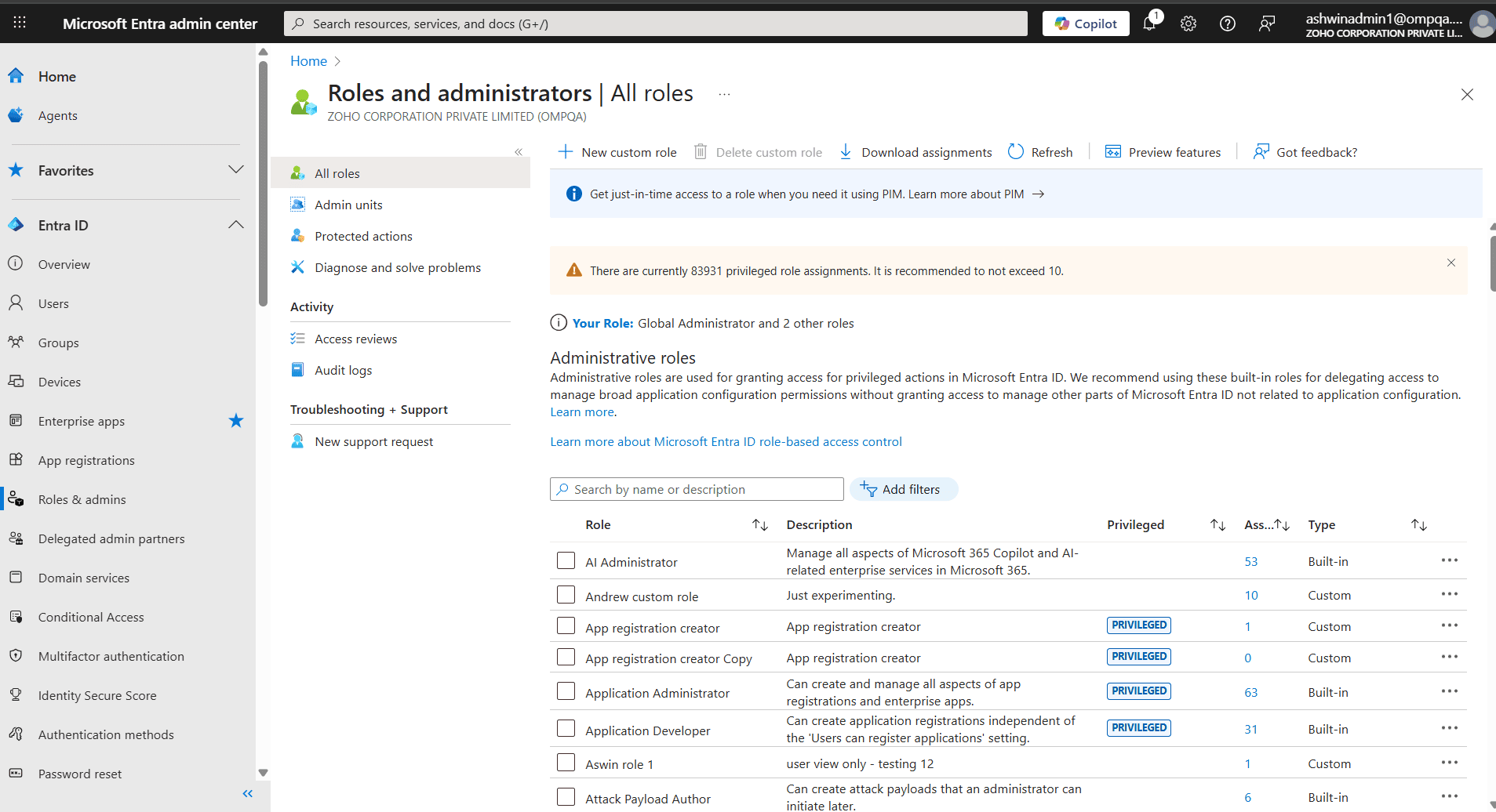 The Roles and administrators section in the Microsoft Entra admin center showing available administrative roles.