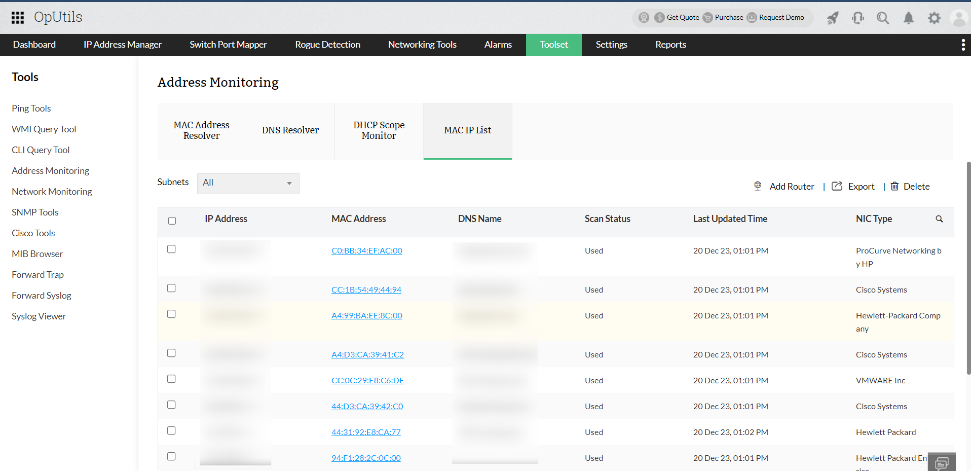 MAC address tracker tool - ManageEngine OpUtils