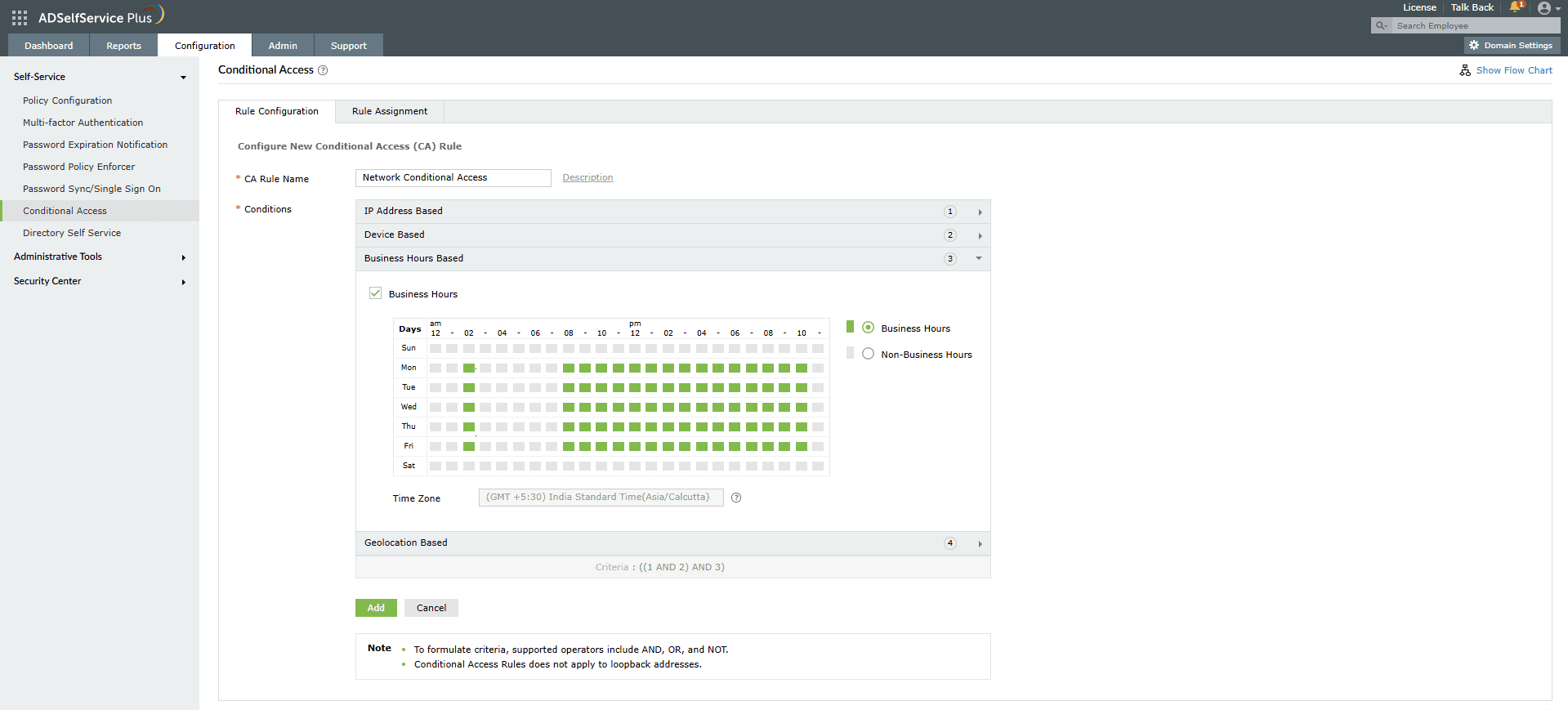 Business-hours-based conditional access in ADSelfService Plus