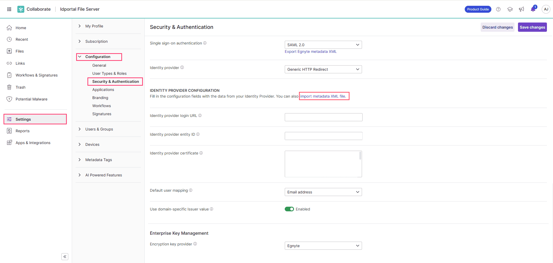Overview of the Egnyte SAML SSO settings