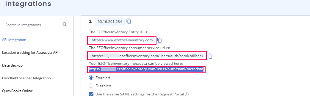 Overview of EZOfficeInventory metadata link while configuring SAML SSO via ADSelfService Plus