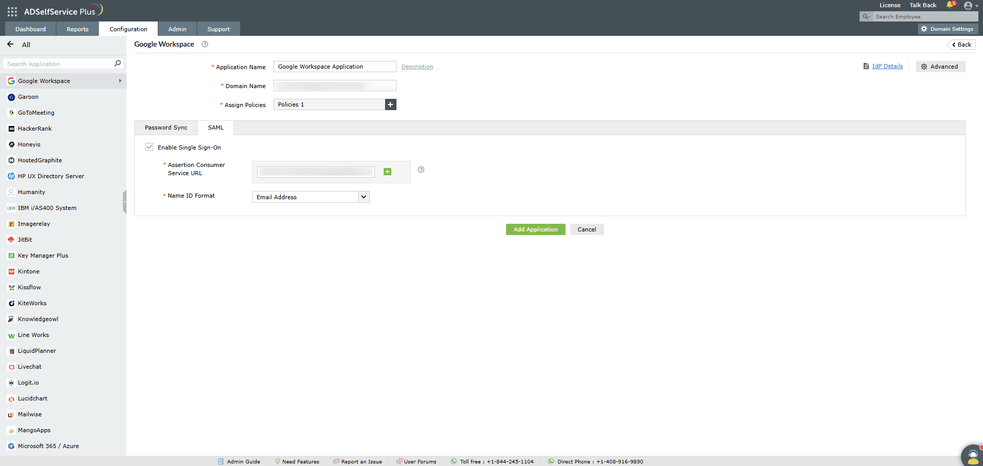 Overview of ADSelfService Plus' SSO settings while configuring SAML SSO for Google Workspace