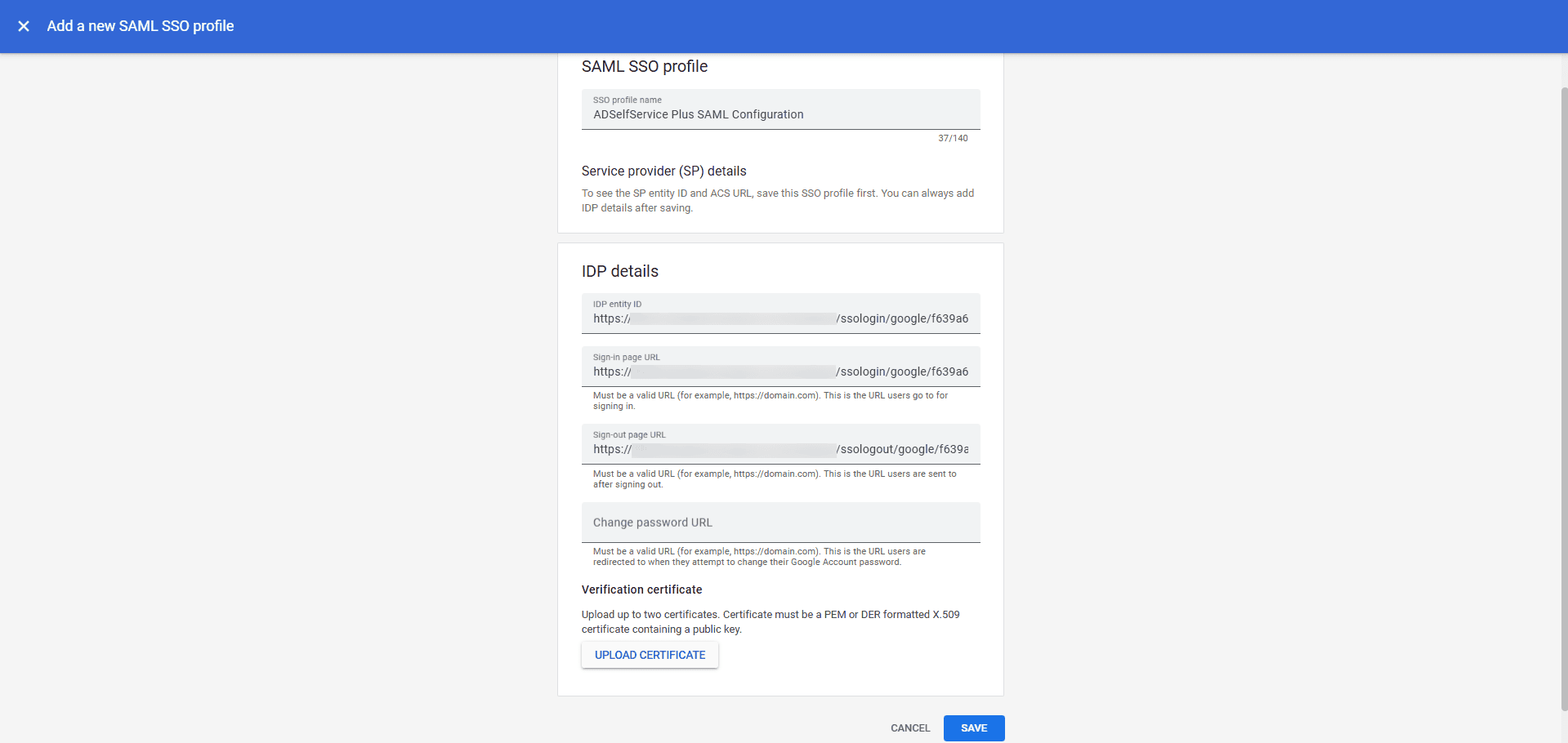Overview of Google's ACS URL SSO settings while configuring SAML SSO via ADSelfService Plus