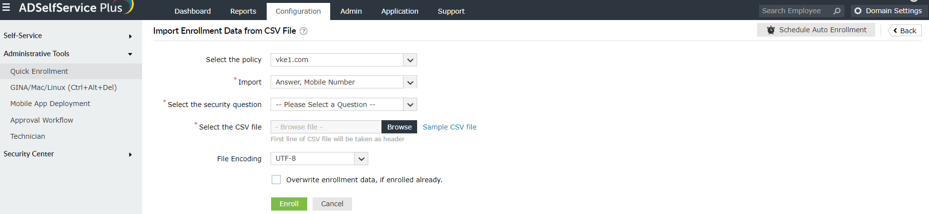 Importing enrollment data in ADSelfService Plus via a CSV file