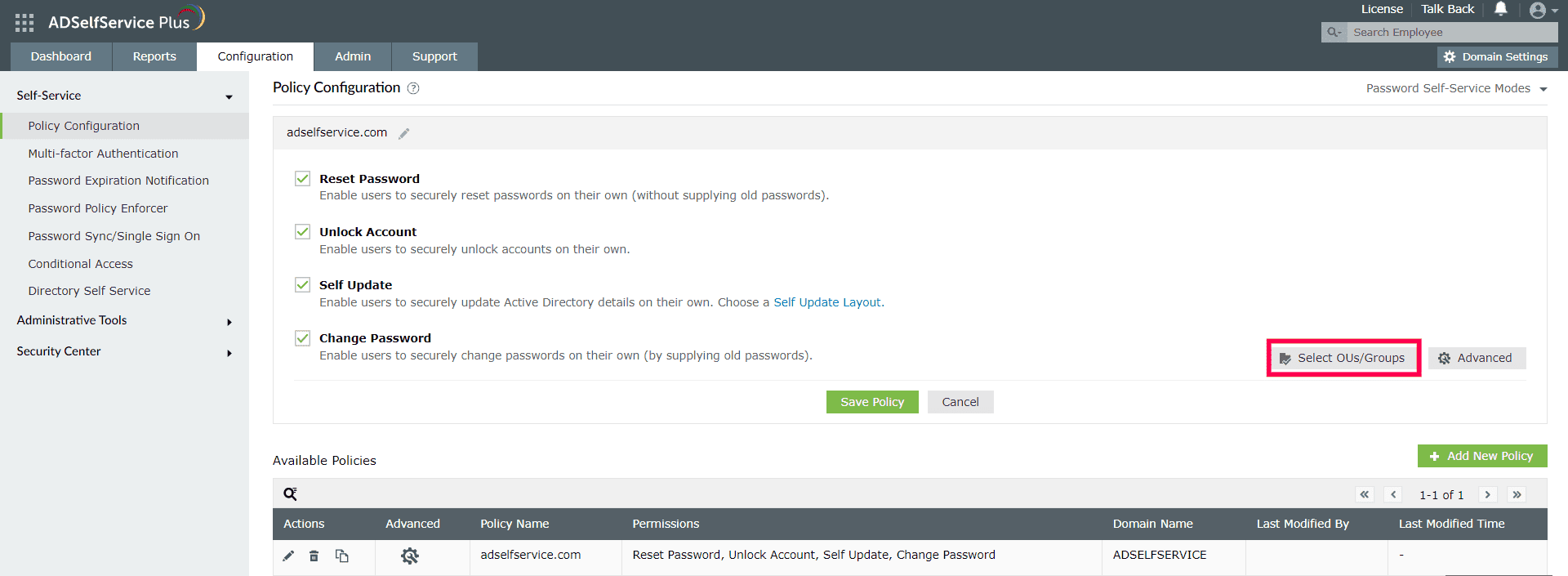 Policy configuration in ADSelfService Plus.